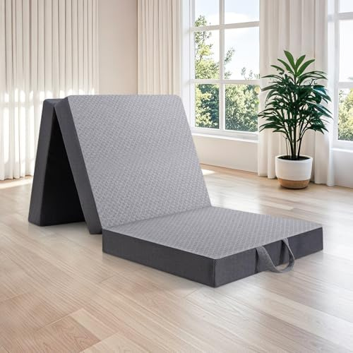 Portable Tri-Fold Memory Foam Mattress – 4-Inch Twin Size Foldable Mattress with Washable Cover, Handle & Non-Slip Base for Travel, Camping, RV, Guest Rooms & Yoga