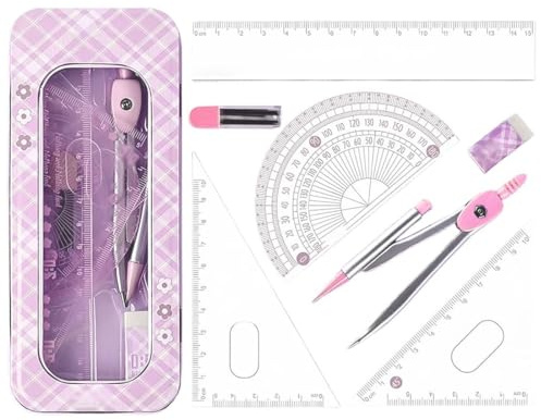 WUSJCOF Set Geometria Compasso Balaustrone per Scuola Media e Elementare Kit Completo con Squadre Goniometro Righello Materiale Scolastico per Studenti (rosa)