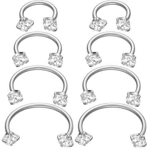 Josojoou 8 st näspiercingsring 18 g hästsko septum piercing nostril piercing rostfritt stål septumringar piercing näsa silver näsringar läpppiercing tragus helix inre gänga för kvinnor män (6–12 mm)