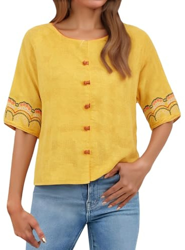 Blusa de algodón y lino de media manga para mujer, con botones, cuello redondo, casual, bordada, blusa de verano 2026