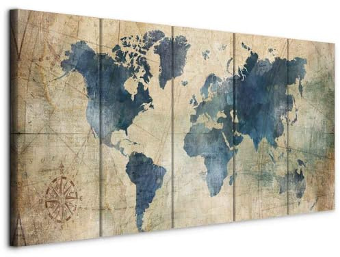 murando Cuadro en Lienzo Mapa del mundo 100x40 cm Impresión de 5 Piezas Material no Tejido Cuadros para Dormitorios Impresión Artística Decoracion de Salon Rosa de los vientos Tarjeta k-A-0415-b-m
