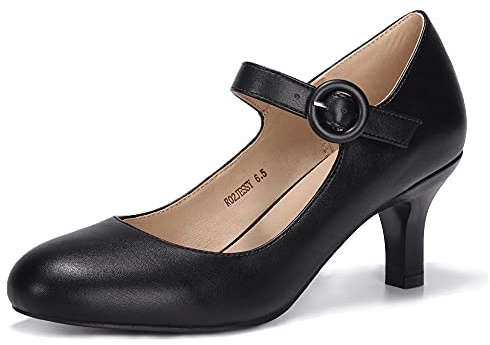 IDIFU Women's Jessy Dress Mary Jane Shoes Low Kitten Heels Closed Round Toe Office Work Wedding Pumps (Black Pu, 10 M US)