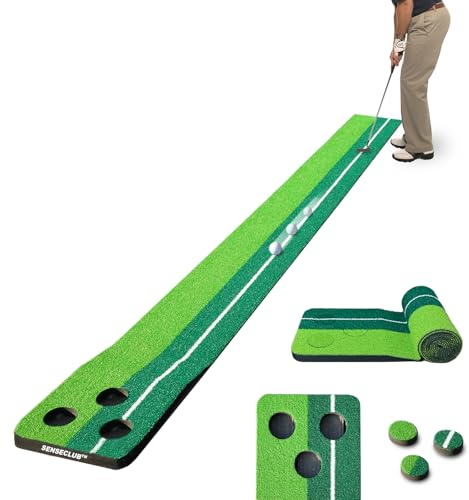 SENSECLUB Jeu de Putting de Golf Vert, Jeu de Putting Green de Golf d'intérieur, Jeu de fête de Golf dans Le Jardin – Comprend Un Tapis de Golf de 21,6 x 1