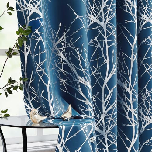 Fmfunctex Blue Blackout Thermal Eyelet Curtains for Bedroom 52 x 72 Drop | Navy Silver Tree Branch Pattern Window Curtains for Living Room, Modern Style Drapes 2 Panels, Noise Reduction, Energy Saving