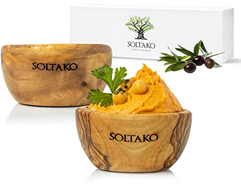 SOLTAKO Bols pour Sauce en Bois d’Olivier - Bol pour Aperitifs - Plat de Service - Bol en Bois Brut pour Fromages, Sauces, Charcuterie, Noix, Mayonnaise, Ketchup, Olives - Ø 6 cm - set de 2 Bols