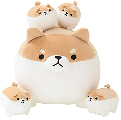 SQEQE Stuffed Animal Shiba Inu Plush Toy with 4 Baby Shiba Inu Plushies in her Tummy, Stuffed Cotton Plush Animal Toy Gift for Kids