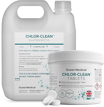 CHLOR-CLEAN Chlorine Detergent Sanitiser Tablets, 3.25g Tablets, 1.7g NaDCC per Tablet, Single Tub of 100 Tablets & 2L Diluter
