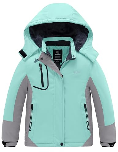 Wantdo Flickor berg skidjacka varm vinter fleece rockar vattentät andas regnrockar utomhus huvor jackor, Mintgrön, 140/146 cm