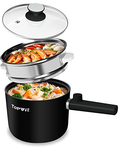Topwit Hot Pot Electric with Steamer, 1.5L Ramen Cooker, Non-Stick Frying Pan, Electric Pot for Pasta, BPA Free, Electric Cooker with Dual Power Control, Over-Heating & Boil Dry Protection, Black