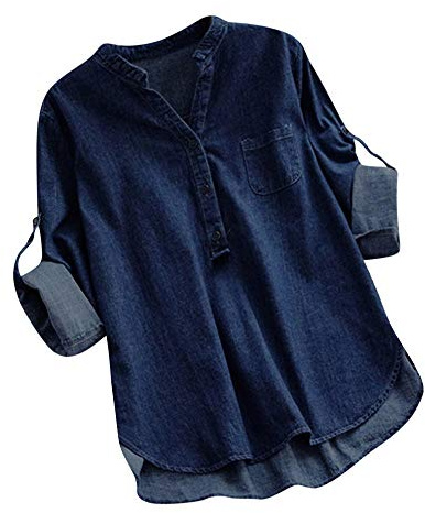 IQYU Camisa vaquera para mujer, manga larga, entallada, parte superior para mujer, tallas grandes, elegante, vintage, blusa larga, informal, con botones, azul oscuro, XX-Large