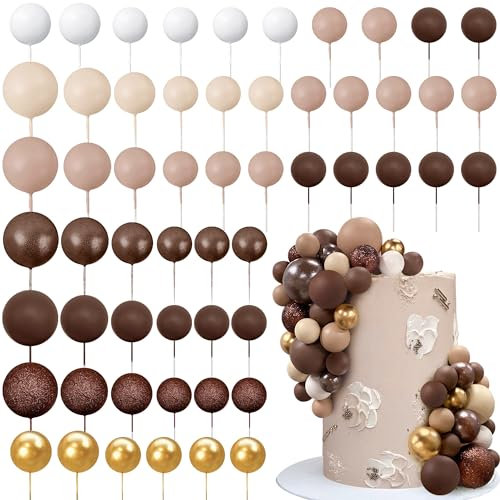 56 PCS Ball Cake Picks Colorful Ball Shaped Cake Topper Pearl Balls Cupcake Cake Insert Topper for Birthday Party Wedding Decoration Supplies Brown Series Seven Colors