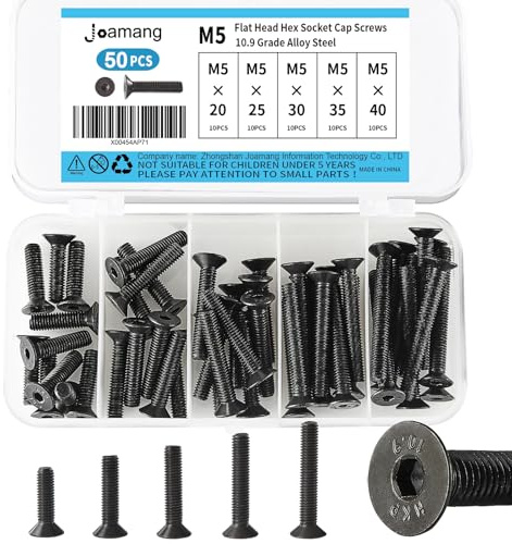 Joamang M5 x 20mm 25mm 30mm 35mm 40mm Flat Head Hex Socket Cap Screws Countersunk Bolts, 10.9 Grade Alloy Steel, Black Oxide Finish, Metric Allen Hex Drive, Fully Threaded, Assortment Kit 50Pcs