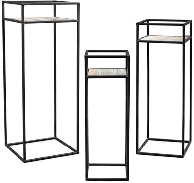 Spetebo Metall Blumenhocker schwarz 3er Set - 70 / 60 / 50 cm - Pflanzenständer mit Holzplatte - Deko Blumensäule Pflanzentreppe Blumenständer Pflanzenregal Blumentopfhalter