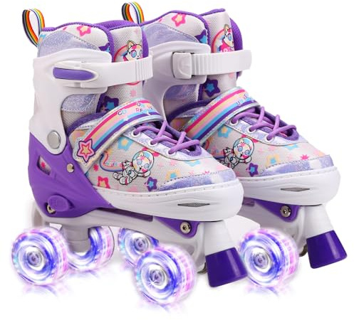 Patins à roulettes Fille, Roller Enfant avec 4 Roues Lumineuses, Taille Ajustable, sécurité 3 Points, Rollers Quad pour Filles, garçons et débutants (Purple, L: 39-42 EU)