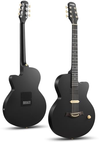 Moukey BCC-100 Guitarra electroacústica de 39 pulgadas con cutaway, pastilla pasiva, funda, correa, púas, afinador y cejilla, modo acústico y eléctrico, Negro