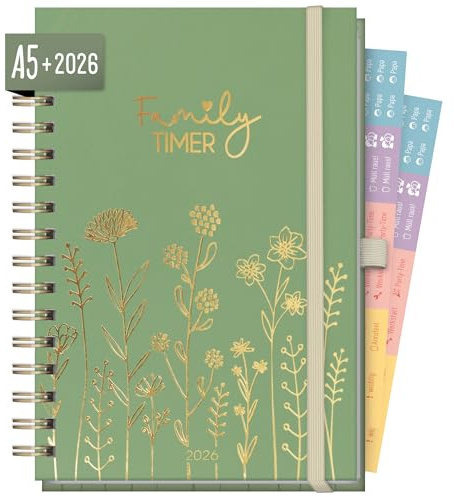 Häfft® Family-Timer Deluxe 2026 A5+ Fine Flowers green Hardcover Familien-Kalender für 4 Personen, Familien-Planer 12 Monate: Jan bis Dez 26 - nachhaltig & klimafreundlich