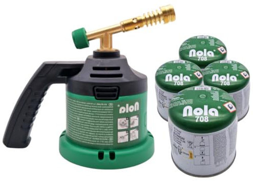 Nola Chalumeau à gaz avec 4 cartouches de gaz universelles de 190 g - 1300 °C - Brûleur à gaz - Lampe à souder pour brasage tendre ou dur - Chalumeau Bunsen - Article 869 + 4 x 708