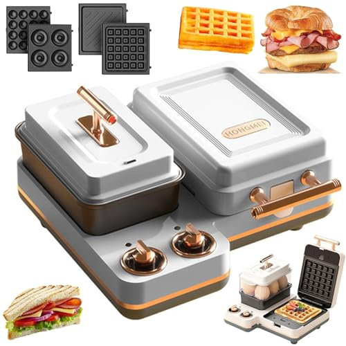 GHRERTX Sandwichera eléctrica 6 en 1 for Desayuno, con Placa for sándwiches y gofres, sartén de 1,2 l, Antiadherente, Multifuncional, con Control de Doble Perilla.