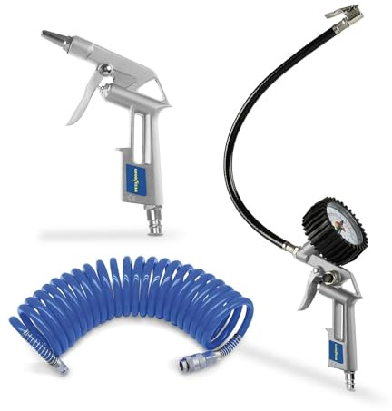 GoodYear - Kit d'accessoires pour compresseur d'air 3 pièces avec soufflette et gonflage, manomètre 0-8 bar, flexible spiralé 5 m, débit 140 l/m