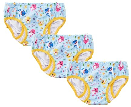 Baby Shark Reuseable Swimming Pants, 3 Pack Babies & Toddler Range Swim Pants 85% Polyester, 15% Spandex Lightweight Washable Leak Guard, Pull Up Stretch Waist (Blue/Yellow, S (6-12M)