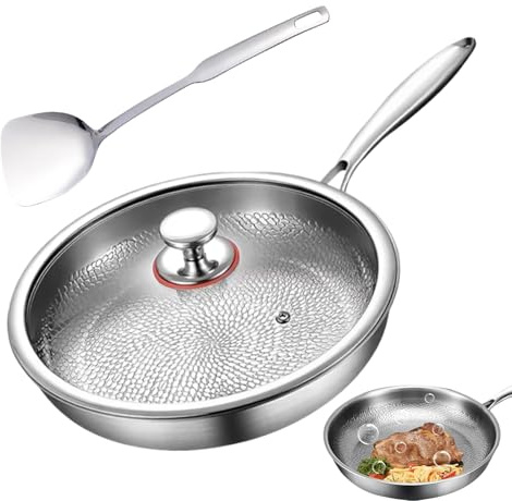 Generico Padella Martellata In Titanio Pro Con Coperchio E Spatola, Padella In Titanio Antiaderente, Padelle In Titanio Non Rivestite, Padelle Resistenti Agli Odori Per Bistecca, Frittelle, Pesce