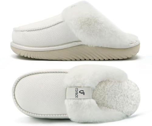 COFACE Womens Memory Foam Cushioned House Slippers Ladies Comfort Soft Warm Cozy Fuzzy Plush Fur Lined Moccasin Winter Bedroom Shoes Arch Support Slip On Indoor Outdoor Hard Sole White Beige Size 10
