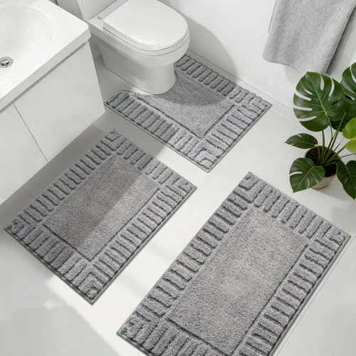 Famibay Alfombra Baño Juego De 3 Piezas Antideslizante Alfombrilla Baño Gris Lavable Absorbe Suave Microfibra Alfombra Baño Inodoro WC