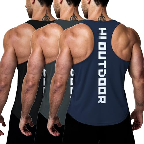 Hioutdoor Men's Fitness Tank Tops, 3-Pack Sleeveless Shirts, Breathable Quick Dry Muscle Tank Tops for Gym Training Workout Running, Athletic Functional Shirts