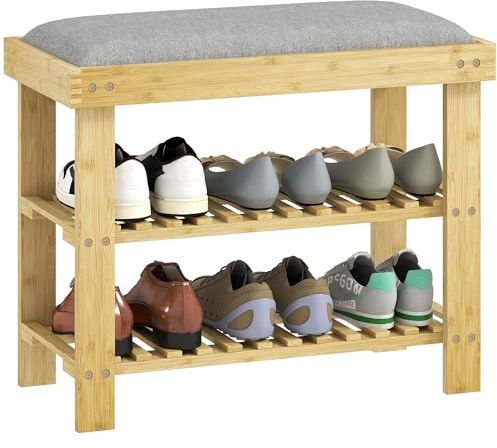 HOMCOM Banc à Chaussures en Bambou, étagère à Chaussures à 3 Niveaux, Style scandinave, Banc de Rangement pour entrée, Salon, Chambre, Charge 150 Kg, 60 x 29 x 49 cm, Gris et Bois Naturel
