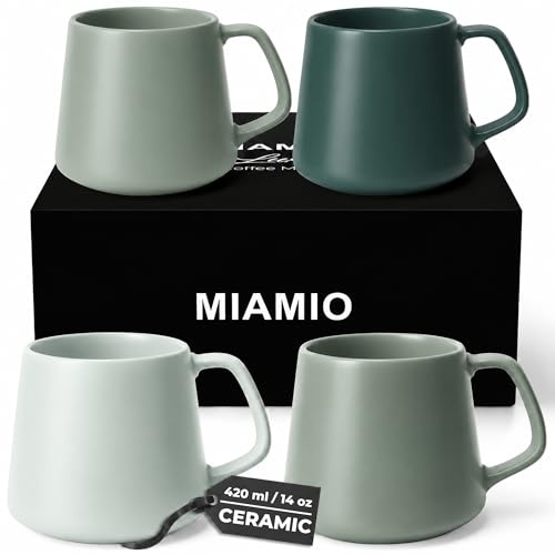 MIAMIO - Coffee Mugs Set of 4, Ceramic, Large (420ml) - Luxe (Evergreen) | Large Ceramic Coffee Mugs for Cappuccino, Tea and Coffee, 4-piece set - dishwasher safe