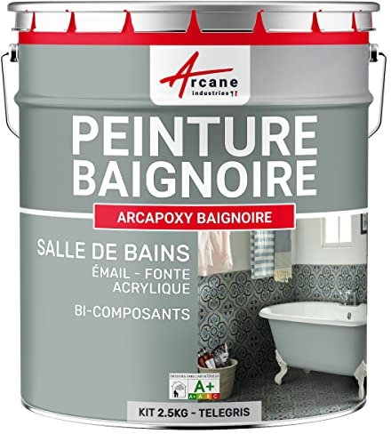 Peinture Baignoire Lavabo Bac à douche : Résine Salle de Bain pour Baignoire émail, acrylique et fonte - 2.5 kg (jusqu'à 8 m² en 2 couches) Telegris 4 - RAL 7047 - ARCANE INDUSTRIES