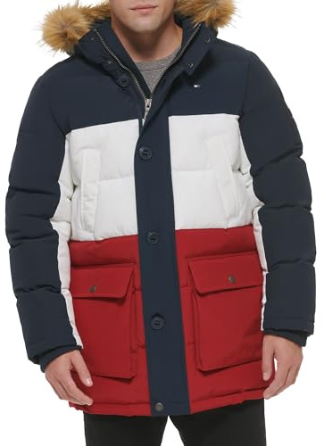 Tommy Hilfiger mens Arctic Cloth Heavyweight Performance Parka Down Coat, Navy/White/Red, X-Large US