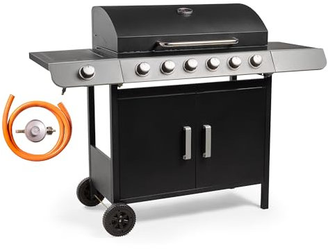 VonHaus Gas BBQ, 6+1 Burner Gas Barbecue with Warming Rack, Side Burner, Temperature Gauge, Cabinet Storage Shelf & Wheels, Portable, Steel & Chrome, Grill Meat, Fish, Veg in Your Garden Outdoor Space