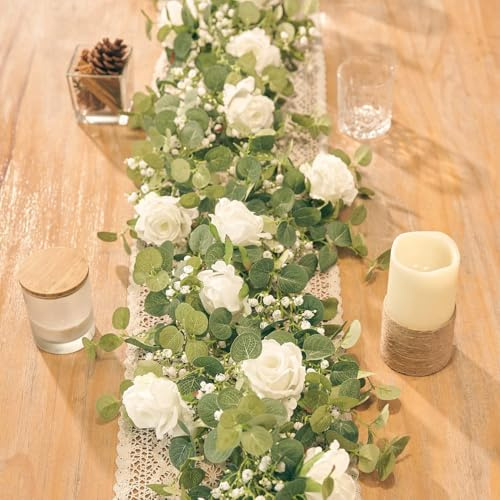 Anna's Whimsy 5.91FT Artificial Eucalyptus Garland with Flowers, Fake Flower Rose Gypsophila, Faux Floral Greenery Garland for Wedding Spring Home Party Craft Art Table Runner Decor