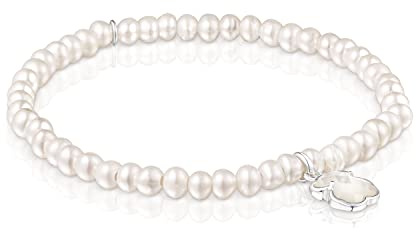 TOUS Pulsera Elástica de Perlas de Nacar para Mujer con Motivo de Oso en Plata de Primera Ley 0,9 cm, Clásica y Pura, Colección Icon Color