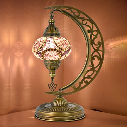Mozaist Turkish Mosaic Moon Shape Table Lamp, Moroccan Vintage Crescent Bohemian Handmade Bedside Light, Rustic Dining Room, Study Room, Office Decorative Lighting, Unique Turkish Gift (Lavender)