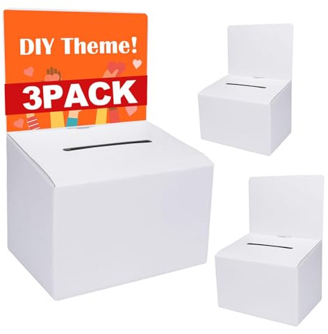 GRAWUN 3 Pack Cardboard Ballot Box with Slot, White Glossy Raffle Box