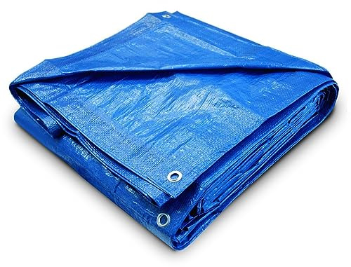 Blue Tarpaulin Sheet 3.5m x 5.4m (Cut-Size) Lightweight PE Plastic Tarp 80gsm Water-Resistant Ground Sheet Multipurpose Tarpaulin Covers used for Garden Furniture Shed Camping (12ft x 18ft)
