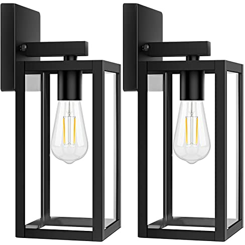 2-Pack Outdoor Light Fixtures Wall Mount, Waterproof Exterior Wall Lanterns with Clear Glass, Anti-Rust Outside Black Wall Sconces, Front Porch Lights for House Garage Doorway, Bulbs Not Included