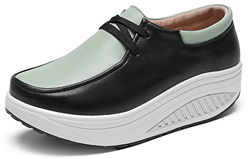 rismart Leder Plateau Schuhe Damen Komfort Casual Walking Turnschuhe, Black Green, 40.5 EU