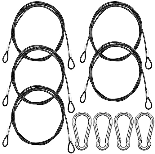 CKANDAY 5 Pack 40 Inch(100cm) Stainless Steel Tethers with 4 Pcs Spring Snap Hook Clips, Steel Wire Cable with Loops Vinyl Cover Coated Short Rope Lanyard Lock Tether Chains, Black