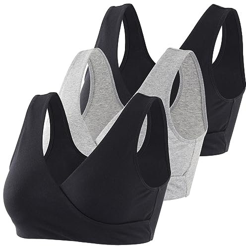MANCI Schlaf-BH aus Baumwolle, Komfortabler Bügelloser BH Umstands-BH für Stillen, Schwangerschaft & Stillen (L, Black+Black+Grey)