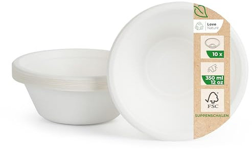 Love Nature Cuencos desechables de pulpa de caña de azúcar 350 ml – 10 piezas de cuencos desechables ecológicos – Vajilla desechable