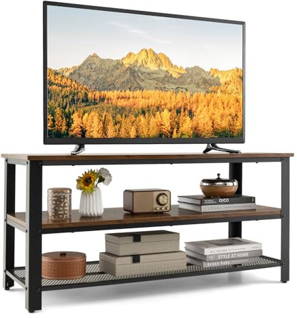 COSTWAY TV Stand for TVs up to 50 Inches, Industrial TV Cabinet Media Entertainment Center with 3 Open Storage Shelves, Metal Frame Wooden TV Unit Console Table for Living Room Bedroom, Rustic Brown