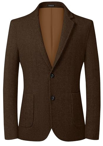 Mens Herringbone Tweed Blazer Vintage Wool Blend Sport Coat Jacket 2 Button Casual Wedding Groomsmen Prom Suit, Brown, XL