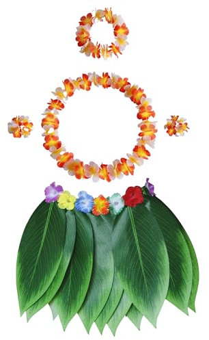 douyif Jupe Tahitienne 5Pcs Jupe Hula Hawaienne Avec Collier De Fleurs Hawaienne Hula Hawaïen Jupe Hawaienne Costumes Hula pour Carnaval Pâques Party Fête Plage Fête Dété Soirées Dansantes 38cm