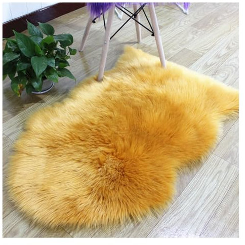 Hrlace Lambskin Sheepskin Faux Fur Rug - Soft Fluffy Chair Cushion Imitation Wool Bed Sofa Mat - Yellow, 45 x 65 cm