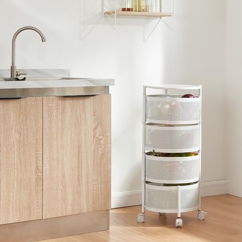 [en.casa] Rollwagen Steigen mit 4 Ebenen mehrlagiges Küchenregal mit Rädern Servierwagen aus Stahl ausklappbare Körbe Regal für Küche, Bad 74,5 x Ø33 cm Weiß