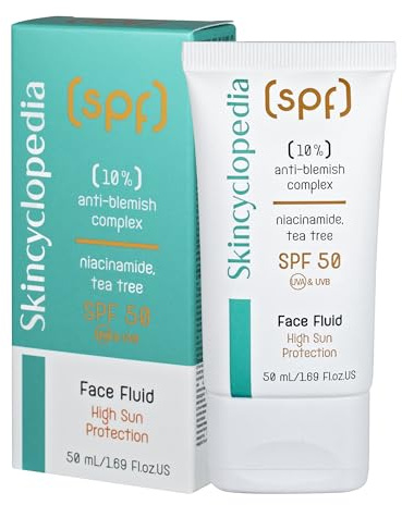 Skincyclopedia LSF 50 Sonnencreme, Sonnenfluid für das Gesicht mit Niacinamide und Teebaum gegen Pickel, SPF 50 Sun Protection Face Fluid, UVA und UVB, Sonnenschutz mit hohem Breitspektrumschutz, 50ml