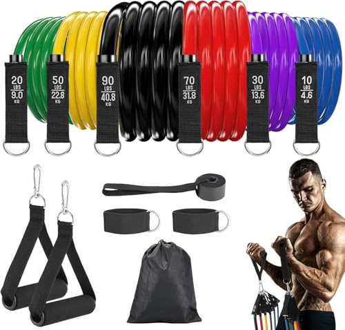Fitense Resistance Bands Widerstandsbänder Set, 6 Fitnessbänder Widerstandsband Set Fitnessband mit Griff Knöchelriemen Türankerbefestigung für Krafttraining, Muskelaufbau und Pilates, Männer, Frauen